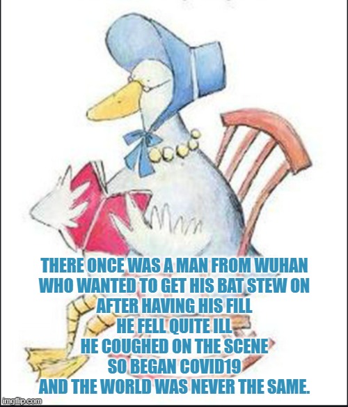 New Nursery Rhymes | THERE ONCE WAS A MAN FROM WUHAN
WHO WANTED TO GET HIS BAT STEW ON
AFTER HAVING HIS FILL
HE FELL QUITE ILL
HE COUGHED ON THE SCENE
SO BEGAN COVID19
AND THE WORLD WAS NEVER THE SAME. | image tagged in new nursery rhymes | made w/ Imgflip meme maker