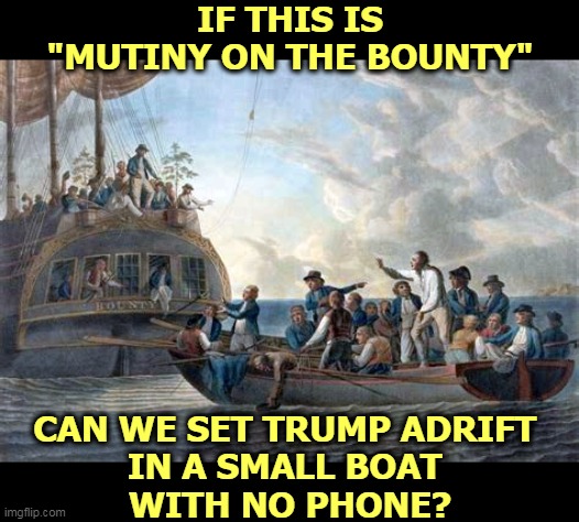 IF THIS IS "MUTINY ON THE BOUNTY"; CAN WE SET TRUMP ADRIFT 
IN A SMALL BOAT 
WITH NO PHONE? | image tagged in governor,job,trump,incompetent,jerk,idiot | made w/ Imgflip meme maker