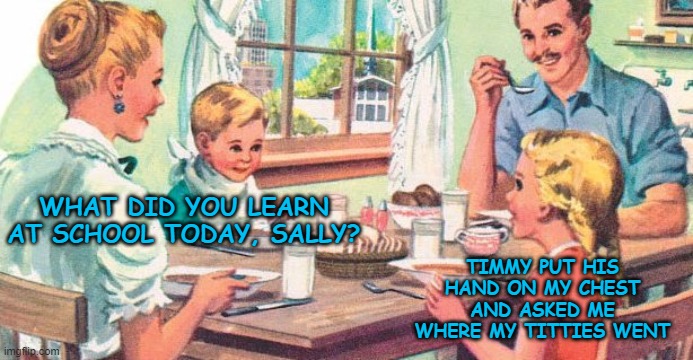 Bad Timmy! |  TIMMY PUT HIS HAND ON MY CHEST AND ASKED ME WHERE MY TITTIES WENT; WHAT DID YOU LEARN AT SCHOOL TODAY, SALLY? | image tagged in 1950's,school,pervert | made w/ Imgflip meme maker