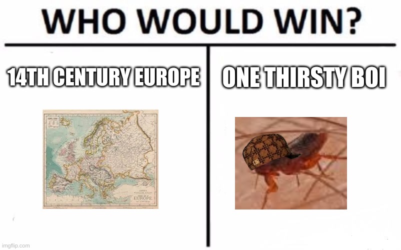 Who Would Win? Meme | 14TH CENTURY EUROPE; ONE THIRSTY BOI | image tagged in memes,who would win | made w/ Imgflip meme maker
