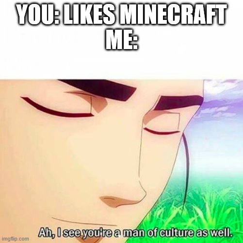 Ah,I see you are a man of culture as well | YOU: LIKES MINECRAFT
ME: | image tagged in ah i see you are a man of culture as well | made w/ Imgflip meme maker