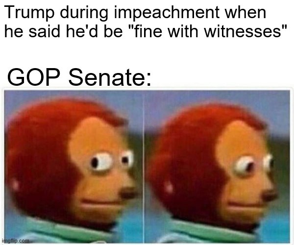 Self-explanatory. | Trump during impeachment when he said he'd be "fine with witnesses"; GOP Senate: | image tagged in monkey puppet,trump impeachment,impeach trump,impeachment,witnesses,senate | made w/ Imgflip meme maker