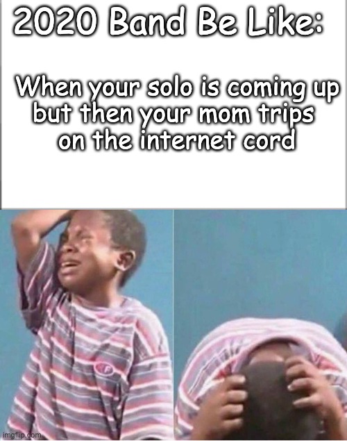 2020 Band Be Like |  2020 Band Be Like:; When your solo is coming up
but then your mom trips 
on the internet cord | image tagged in crying kid | made w/ Imgflip meme maker