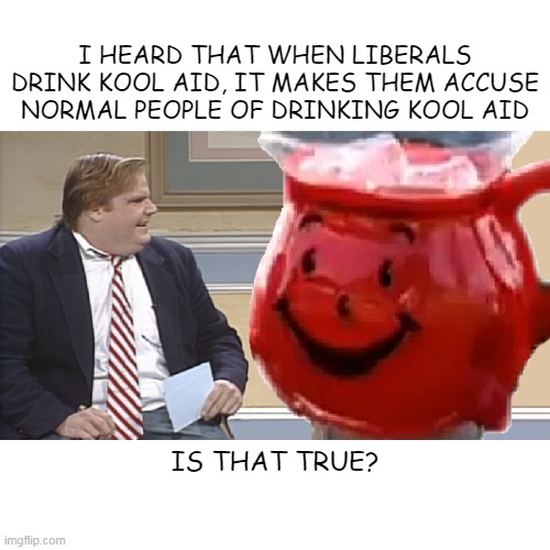 Chris Farley Interviews The Kool Aid Man | I HEARD THAT WHEN LIBERALS DRINK KOOL AID, IT MAKES THEM ACCUSE NORMAL PEOPLE OF DRINKING KOOL AID; IS THAT TRUE? | image tagged in chris farley interviews the kool aid man | made w/ Imgflip meme maker