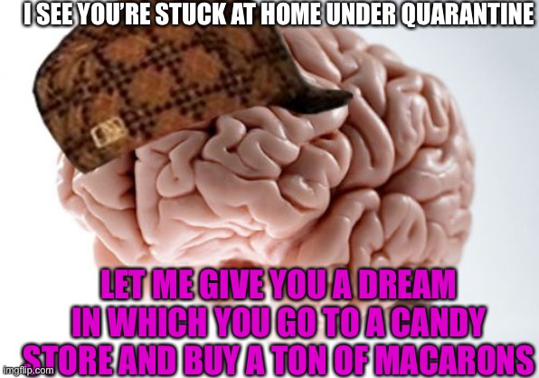 At least the $20 toll I had to pay on the bridge coming home wasn’t real... | I SEE YOU’RE STUCK AT HOME UNDER QUARANTINE; LET ME GIVE YOU A DREAM IN WHICH YOU GO TO A CANDY STORE AND BUY A TON OF MACARONS | image tagged in memes,scumbag brain,quarantine,coronavirus,dream,candy | made w/ Imgflip meme maker