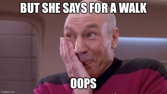 picard oops | BUT SHE SAYS FOR A WALK OOPS | image tagged in picard oops | made w/ Imgflip meme maker