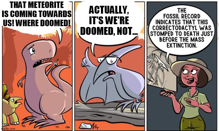 ACTUALLY, IT'S WE'RE DOOMED, NOT... THAT METEORITE IS COMING TOWARDS US! WHERE DOOMED! | image tagged in grammar nazi,dinosaur | made w/ Imgflip meme maker