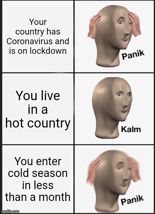 Panik Kalm Panik Meme | Your country has Coronavirus and is on lockdown; You live in a hot country; You enter cold season in less than a month | image tagged in memes,panik kalm panik | made w/ Imgflip meme maker