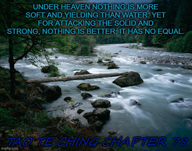 Tao Te Ching Chapter 78 | UNDER HEAVEN NOTHING IS MORE SOFT AND YIELDING THAN WATER. YET FOR ATTACKING THE SOLID AND STRONG, NOTHING IS BETTER; IT HAS NO EQUAL. TAO TE CHING CHAPTER 78 | image tagged in river,religion,be like water,taoism,tao te ching | made w/ Imgflip meme maker