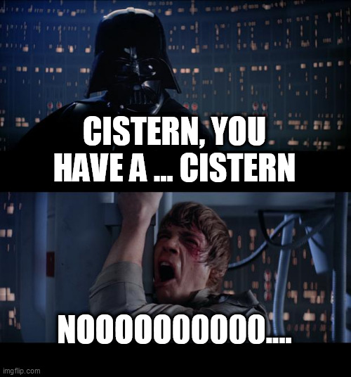 Star Wars No | CISTERN, YOU HAVE A ... CISTERN; NOOOOO00000.... | image tagged in memes,star wars no,cistern | made w/ Imgflip meme maker
