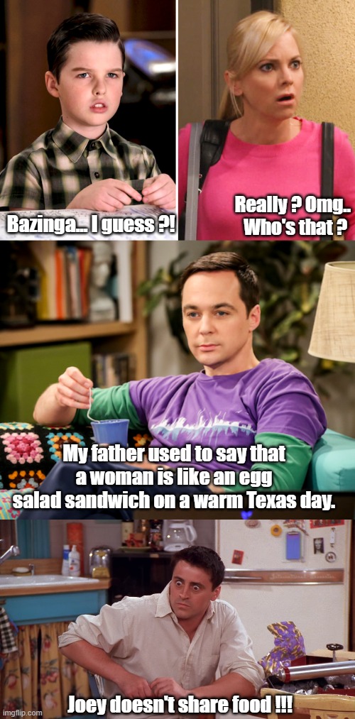 Really ? Omg.. Who's that ? Bazinga... I guess ?! My father used to say that a woman is like an egg salad sandwich on a warm Texas day. Joey doesn't share food !!! | image tagged in sheldon cooper | made w/ Imgflip meme maker