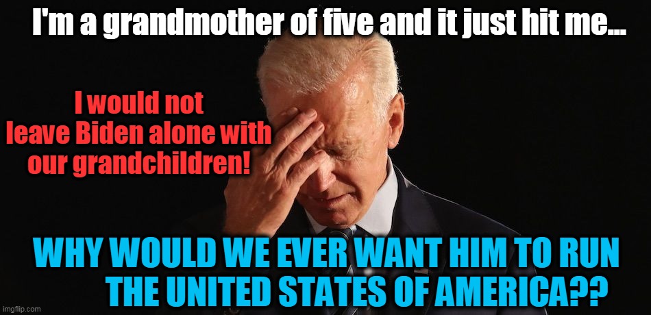 Democrats have NO SHAME (much less any sense)... |  I'm a grandmother of five and it just hit me... I would not leave Biden alone with our grandchildren! WHY WOULD WE EVER WANT HIM TO RUN          THE UNITED STATES OF AMERICA?? | image tagged in politics,political meme,joe biden,democrat party,american politics,politician | made w/ Imgflip meme maker