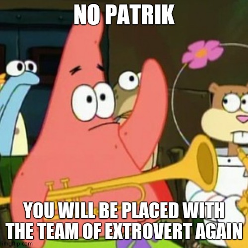 No Patrick | NO PATRIK; YOU WILL BE PLACED WITH THE TEAM OF EXTROVERT AGAIN | image tagged in memes,no patrick | made w/ Imgflip meme maker