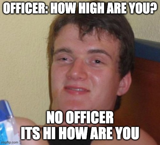 10 Guy Meme | OFFICER: HOW HIGH ARE YOU? NO OFFICER ITS HI HOW ARE YOU | image tagged in memes,10 guy | made w/ Imgflip meme maker