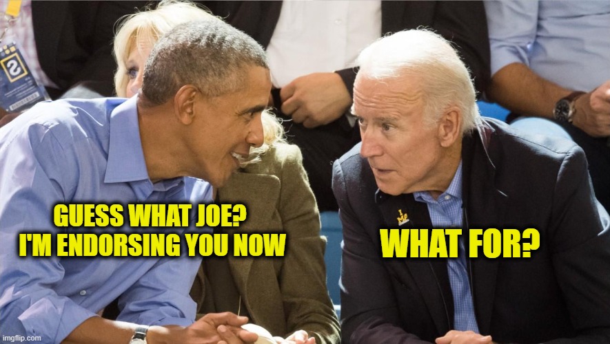 Obama and Joe | GUESS WHAT JOE?  I'M ENDORSING YOU NOW; WHAT FOR? | image tagged in obama and joe | made w/ Imgflip meme maker