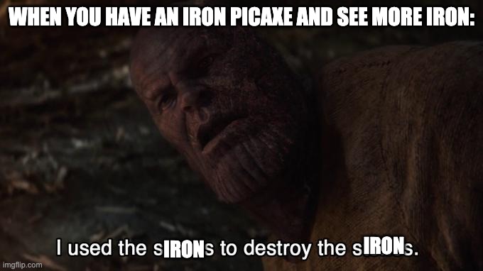 I used the stones to destroy the stones | WHEN YOU HAVE AN IRON PICAXE AND SEE MORE IRON:; IRON; IRON | image tagged in i used the stones to destroy the stones | made w/ Imgflip meme maker
