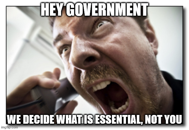 essential | HEY GOVERNMENT; WE DECIDE WHAT IS ESSENTIAL, NOT YOU | image tagged in memes,shouter,constitution | made w/ Imgflip meme maker