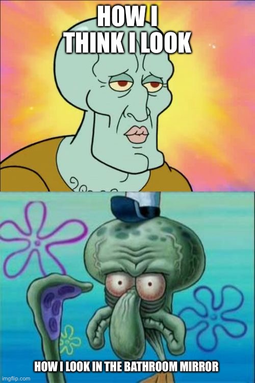 Squidward | HOW I THINK I LOOK; HOW I LOOK IN THE BATHROOM MIRROR | image tagged in memes,squidward | made w/ Imgflip meme maker