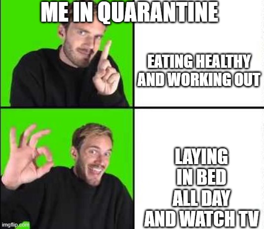 Pewdiepie Drake | ME IN QUARANTINE; EATING HEALTHY AND WORKING OUT; LAYING IN BED ALL DAY AND WATCH TV | image tagged in pewdiepie drake | made w/ Imgflip meme maker