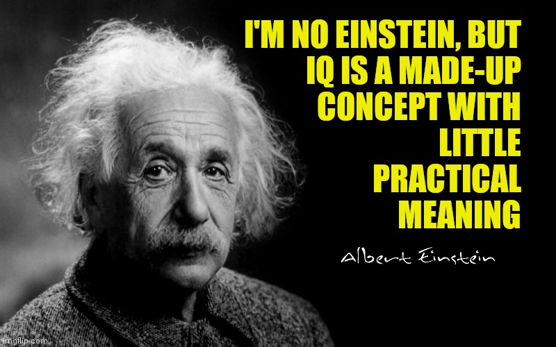 Albert Einstein | I'M NO EINSTEIN, BUT
IQ IS A MADE-UP
CONCEPT WITH
LITTLE
PRACTICAL
MEANING | image tagged in albert einstein,memes,iq | made w/ Imgflip meme maker