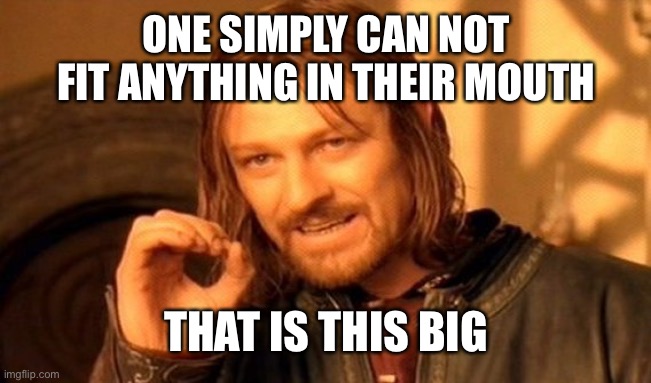 One Does Not Simply | ONE SIMPLY CAN NOT FIT ANYTHING IN THEIR MOUTH; THAT IS THIS BIG | image tagged in memes,one does not simply | made w/ Imgflip meme maker