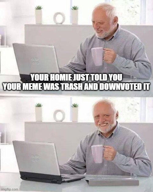 Hide the Pain Harold Meme | YOUR HOMIE JUST TOLD YOU YOUR MEME WAS TRASH AND DOWNVOTED IT | image tagged in memes,hide the pain harold | made w/ Imgflip meme maker