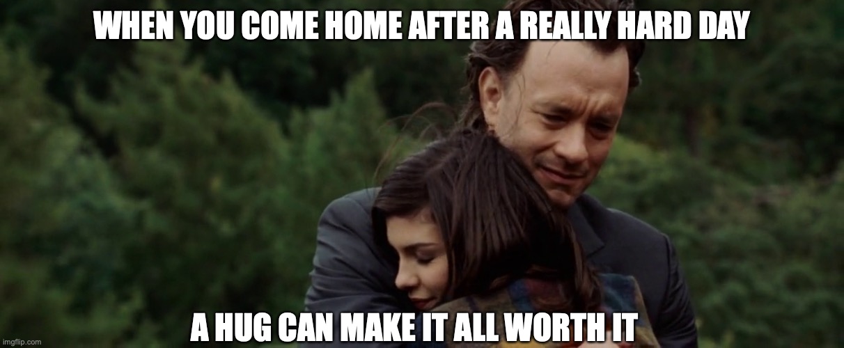 WHEN YOU COME HOME AFTER A REALLY HARD DAY; A HUG CAN MAKE IT ALL WORTH IT | image tagged in comfort | made w/ Imgflip meme maker