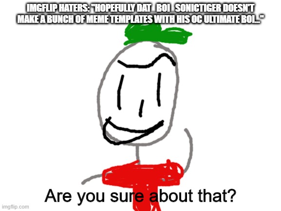 Ultimate Boi says are you sure about that? | IMGFLIP HATERS: "HOPEFULLY DAT_BOI_SONICTIGER DOESN'T MAKE A BUNCH OF MEME TEMPLATES WITH HIS OC ULTIMATE BOI..." | image tagged in ultimate boi says are you sure about that | made w/ Imgflip meme maker