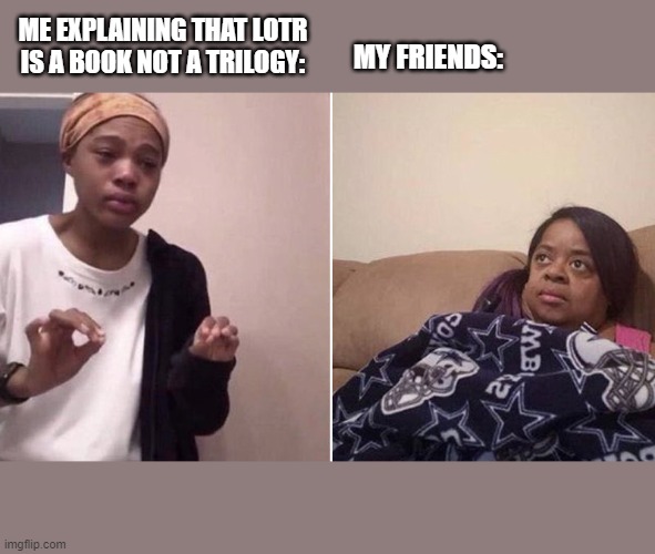 Me explaining to my mom | ME EXPLAINING THAT LOTR IS A BOOK NOT A TRILOGY:; MY FRIENDS: | image tagged in me explaining to my mom | made w/ Imgflip meme maker