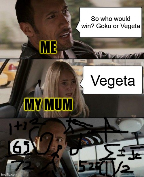 Calculations intensify | So who would win? Goku or Vegeta; ME; Vegeta; MY MUM | image tagged in memes,the rock driving | made w/ Imgflip meme maker