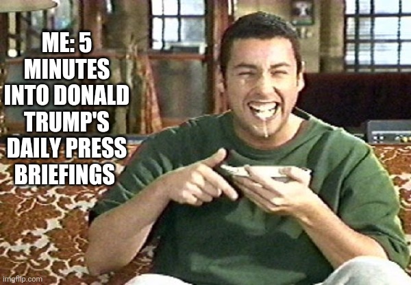 Press Briefing Beatdowns | ME: 5 MINUTES INTO DONALD TRUMP'S DAILY PRESS BRIEFINGS | image tagged in memes,donald trump,adam sandler | made w/ Imgflip meme maker