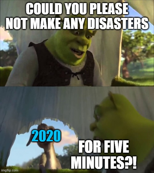 2020 | COULD YOU PLEASE NOT MAKE ANY DISASTERS; 2020; FOR FIVE MINUTES?! | image tagged in shrek five minutes,funny memes,2020,ww3,easter tornado outbreak,coronavirus pandemic | made w/ Imgflip meme maker