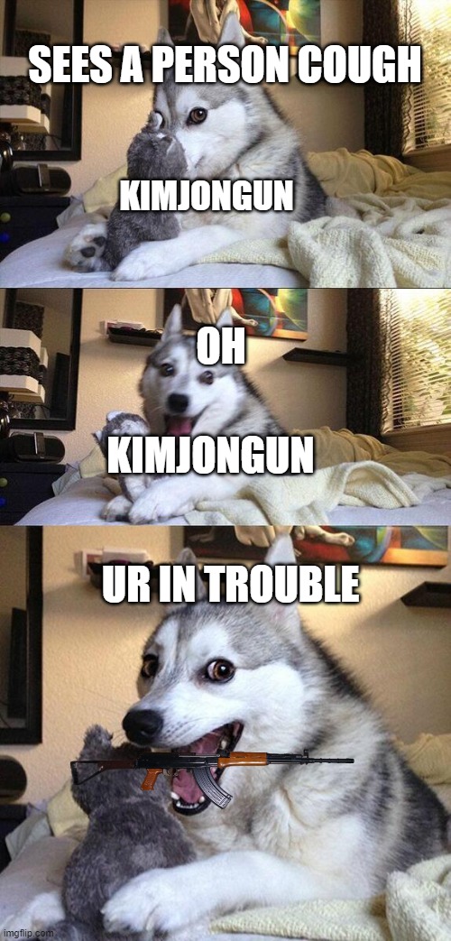 Bad Pun Dog Meme | SEES A PERSON COUGH; KIMJONGUN; OH; KIMJONGUN; UR IN TROUBLE | image tagged in memes,bad pun dog | made w/ Imgflip meme maker