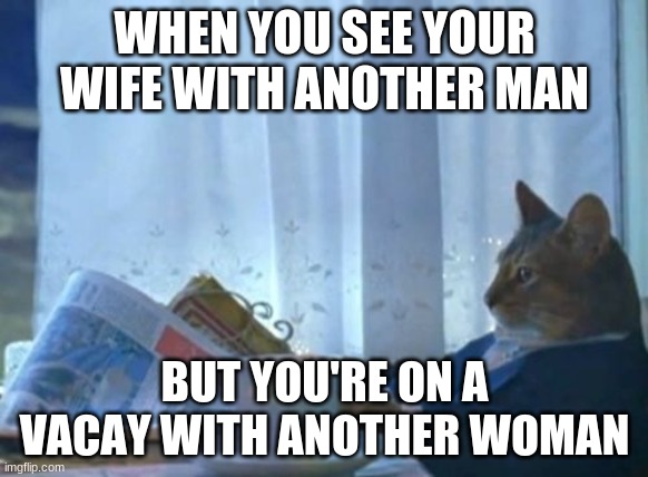 I Should Buy A Boat Cat | WHEN YOU SEE YOUR WIFE WITH ANOTHER MAN; BUT YOU'RE ON A VACAY WITH ANOTHER WOMAN | image tagged in memes,i should buy a boat cat | made w/ Imgflip meme maker