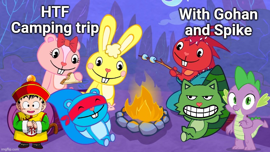 HTF Camping trip (HTF Crossover) | HTF Camping trip; With Gohan and Spike | image tagged in happy tree friends,my little pony,crossover,camping,gohan | made w/ Imgflip meme maker