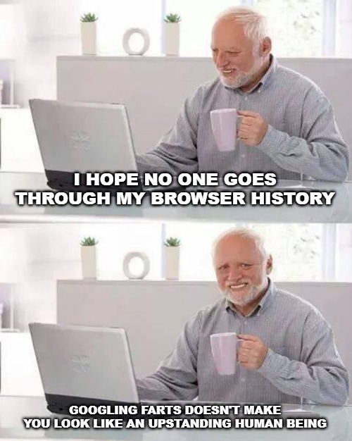 Hide the Pain Harold Meme | I HOPE NO ONE GOES THROUGH MY BROWSER HISTORY GOOGLING FARTS DOESN'T MAKE YOU LOOK LIKE AN UPSTANDING HUMAN BEING | image tagged in memes,hide the pain harold | made w/ Imgflip meme maker