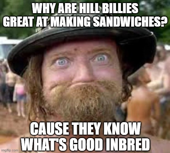 Great Sandwiches | WHY ARE HILL BILLIES GREAT AT MAKING SANDWICHES? CAUSE THEY KNOW WHAT'S GOOD INBRED | image tagged in hillbilly | made w/ Imgflip meme maker