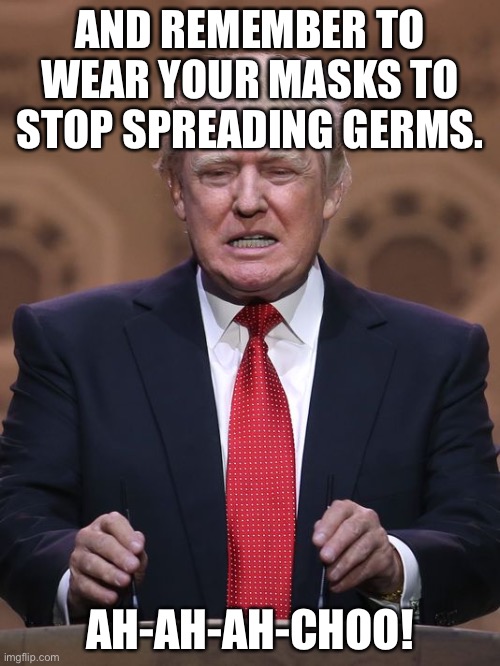 Donald Trump | AND REMEMBER TO WEAR YOUR MASKS TO STOP SPREADING GERMS. AH-AH-AH-CHOO! | image tagged in donald trump | made w/ Imgflip meme maker