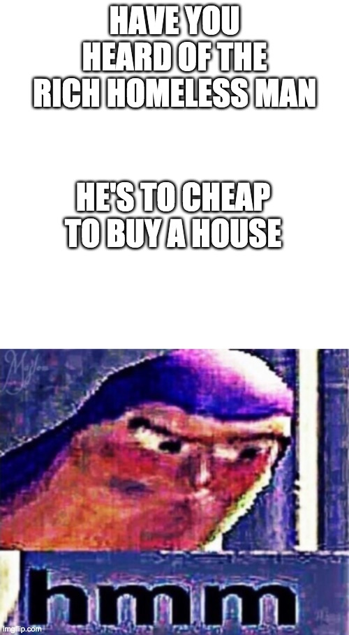 HAVE YOU HEARD OF THE RICH HOMELESS MAN; HE'S TO CHEAP TO BUY A HOUSE | image tagged in buzz light year hmm | made w/ Imgflip meme maker