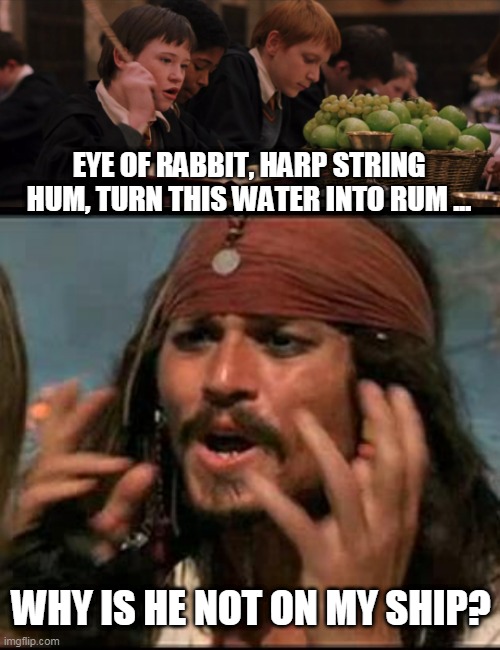 WE NEED MORE RUM | EYE OF RABBIT, HARP STRING HUM, TURN THIS WATER INTO RUM ... WHY IS HE NOT ON MY SHIP? | image tagged in why is the rum gone,memes,pirates,pirates of the caribbean,jack sparrow,harry potter | made w/ Imgflip meme maker