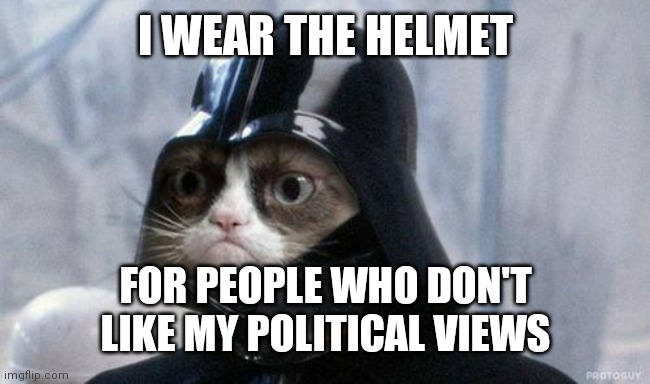 Grumpy Cat Star Wars Meme | I WEAR THE HELMET; FOR PEOPLE WHO DON'T LIKE MY POLITICAL VIEWS | image tagged in memes,grumpy cat star wars,grumpy cat | made w/ Imgflip meme maker