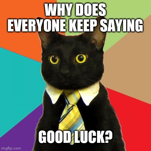 Business Cat | WHY DOES EVERYONE KEEP SAYING; GOOD LUCK? | image tagged in memes,business cat | made w/ Imgflip meme maker