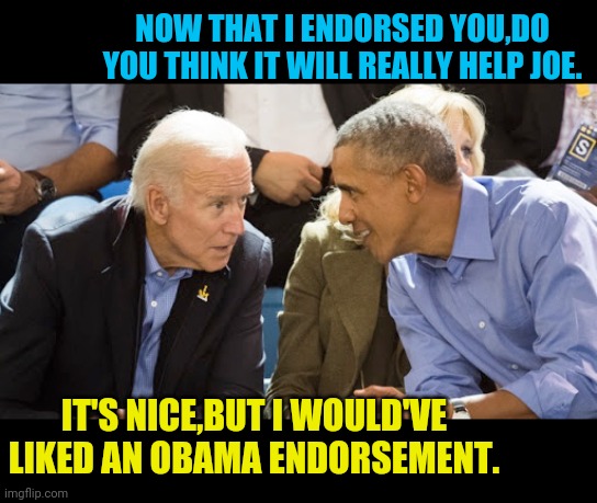 Joe Biden Gets An Endorsement | NOW THAT I ENDORSED YOU,DO YOU THINK IT WILL REALLY HELP JOE. IT'S NICE,BUT I WOULD'VE LIKED AN OBAMA ENDORSEMENT. | image tagged in joe biden,election 2020,political meme,obama,dementia,political | made w/ Imgflip meme maker