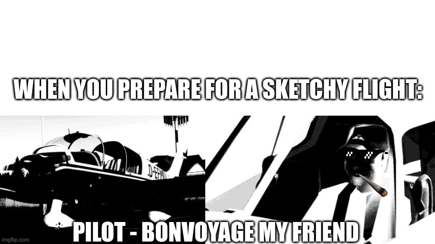 My first aviation meme: | WHEN YOU PREPARE FOR A SKETCHY FLIGHT:; PILOT - BONVOYAGE MY FRIEND | image tagged in weird,xplane,gaming | made w/ Imgflip meme maker