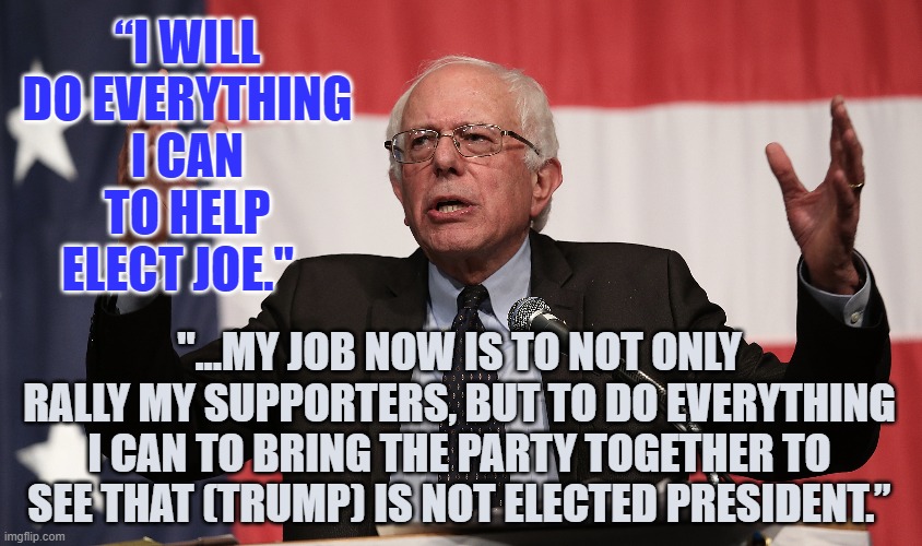I will do everything I can to help elect Joe | “I WILL DO EVERYTHING I CAN TO HELP ELECT JOE."; "...MY JOB NOW IS TO NOT ONLY RALLY MY SUPPORTERS, BUT TO DO EVERYTHING I CAN TO BRING THE PARTY TOGETHER TO SEE THAT (TRUMP) IS NOT ELECTED PRESIDENT.” | image tagged in bernie sanders,joe biden,election 2020,donald trump | made w/ Imgflip meme maker