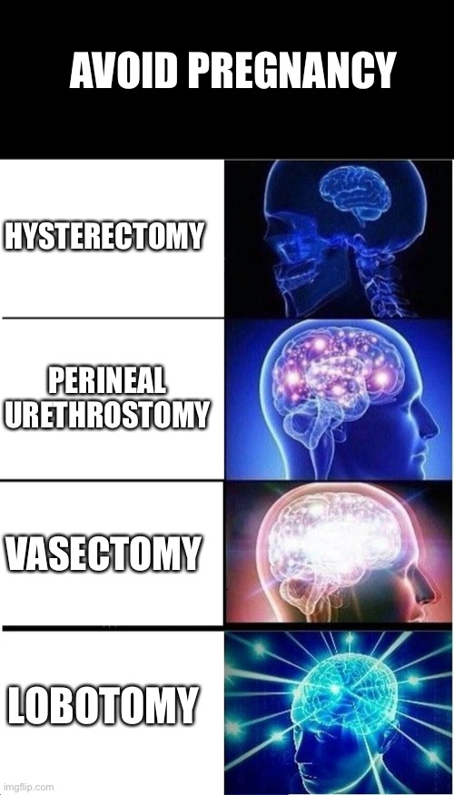 Expanding Brain | AVOID PREGNANCY; HYSTERECTOMY; PERINEAL URETHROSTOMY; VASECTOMY; LOBOTOMY | image tagged in memes,expanding brain | made w/ Imgflip meme maker