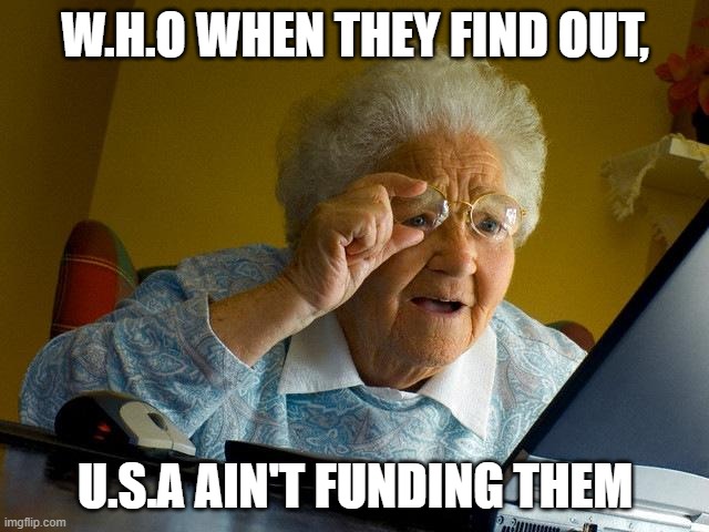 Grandma Finds The Internet | W.H.O WHEN THEY FIND OUT, U.S.A AIN'T FUNDING THEM | image tagged in memes,grandma finds the internet | made w/ Imgflip meme maker