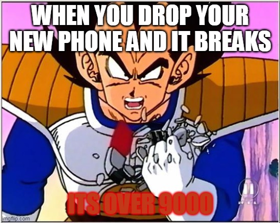 Vegeta over 9000 | WHEN YOU DROP YOUR NEW PHONE AND IT BREAKS; ITS OVER 9000 | image tagged in vegeta over 9000 | made w/ Imgflip meme maker