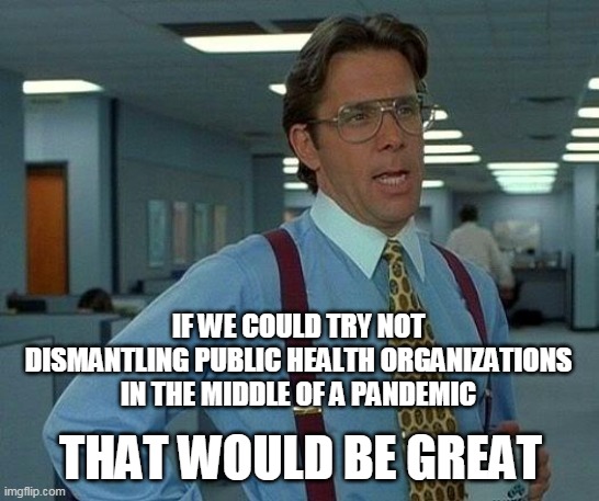 Why do we even need to say "that would be great" about this? | IF WE COULD TRY NOT DISMANTLING PUBLIC HEALTH ORGANIZATIONS IN THE MIDDLE OF A PANDEMIC; THAT WOULD BE GREAT | image tagged in memes,that would be great | made w/ Imgflip meme maker