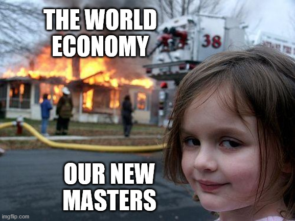 Disaster Girl | THE WORLD
ECONOMY; OUR NEW
MASTERS | image tagged in memes,disaster girl | made w/ Imgflip meme maker